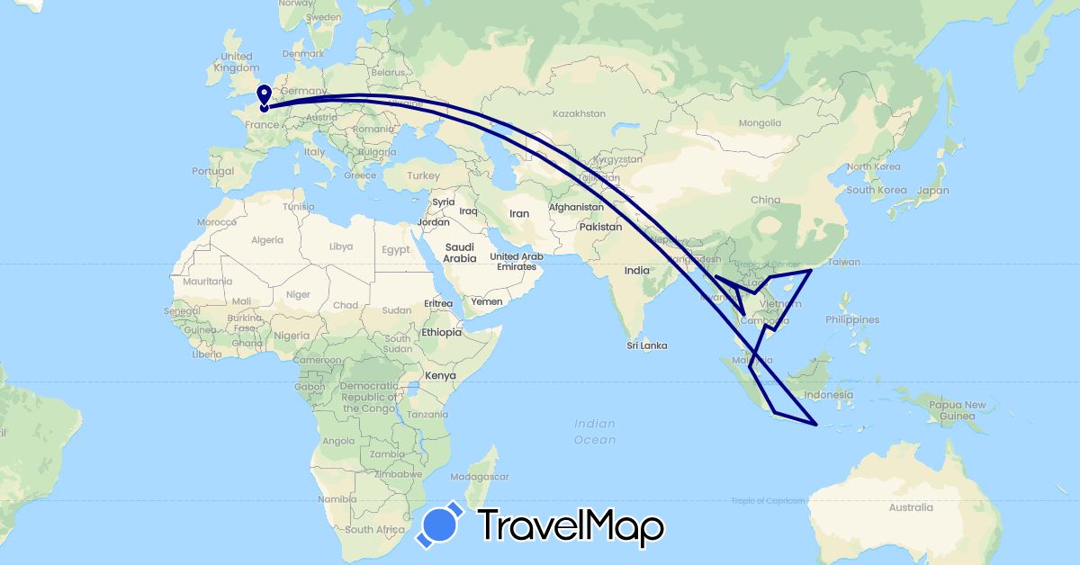 TravelMap itinerary: driving in China, France, Indonesia, Cambodia, Laos, Myanmar (Burma), Malaysia, Thailand, Vietnam (Asia, Europe)