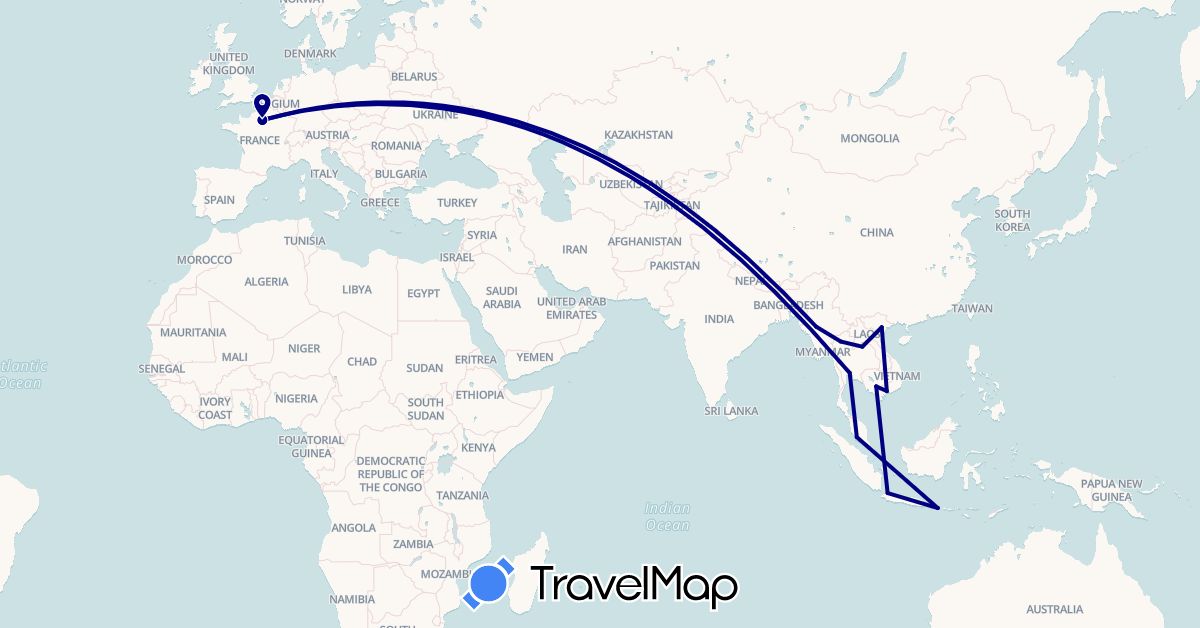 TravelMap itinerary: driving in France, Indonesia, Cambodia, Laos, Myanmar (Burma), Malaysia, Thailand, Vietnam (Asia, Europe)